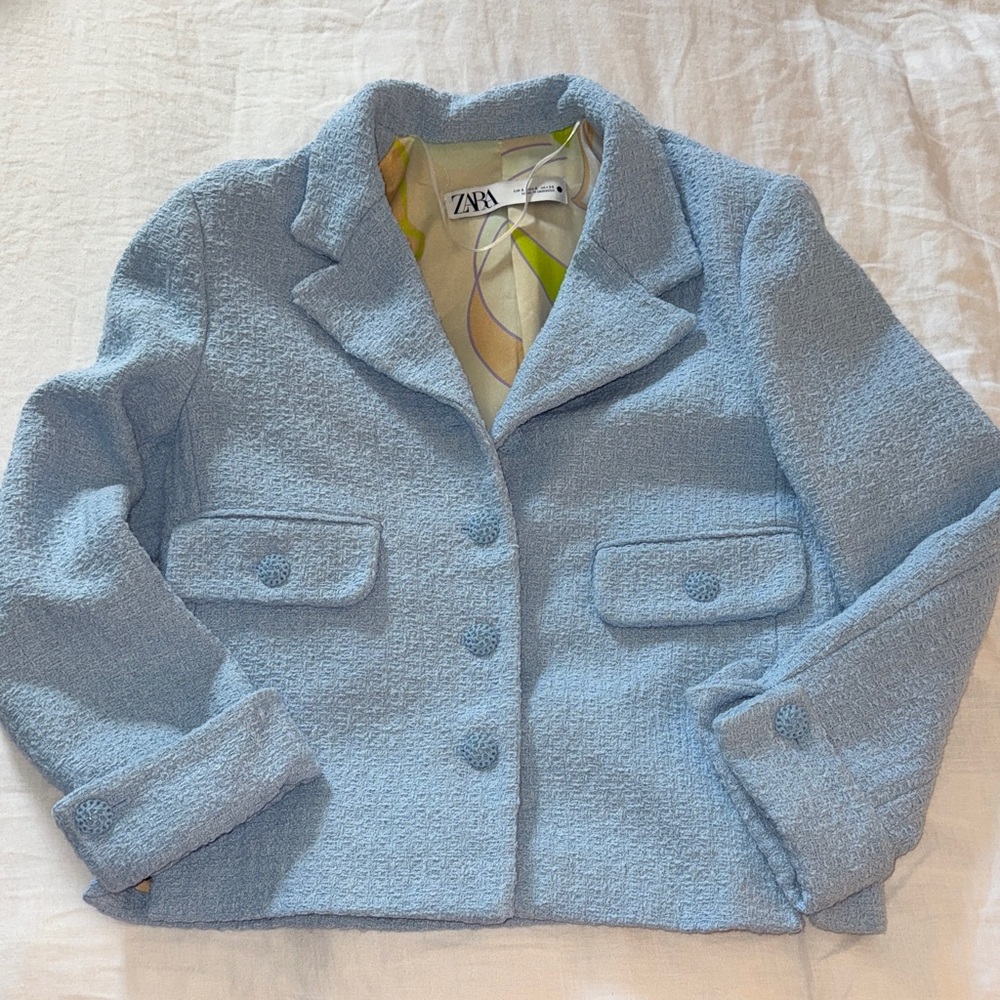 Zara Sky Blue Textured Cropped Blazer Jacket